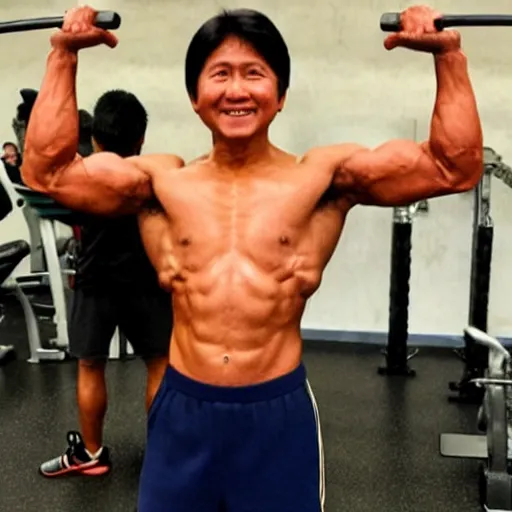 Image similar to A very muscular BongBong Marcos flexing in the gym