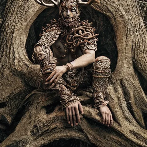 Image similar to warrior with surface of tree - bark, wearing stone wood vines antlers armor, sitting in lotus position, meditation, highly detailed, dramatic lighting, cinematic, sci - fi, hyperrealistic, detailed