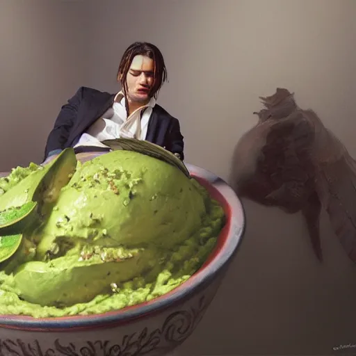 Image similar to johnny depp sitting in a giant bowl of guacamole, ultra high detailed, oil painting, greg rutkowski, charlie bowater, yuumei, yanjun cheng, unreal 5, daz, hyperrealistic, octane render, rpg portrait, dynamic lighting