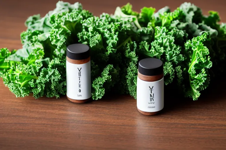 Prompt: minimalist zen juice bottle on an oak table surrounded by kale, intricate detail, high quality, hyperrealistic,