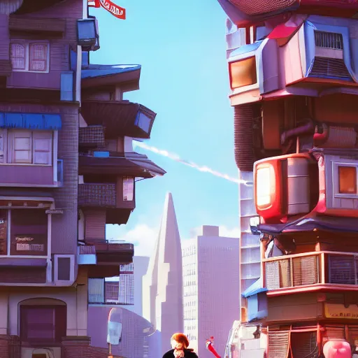 Image similar to hiro hamada standing in front of his home in san fransokyo, close up portrait photo, pixar film, big hero 6, hyper detailed, digital art, trending on artstation, cinematic lighting, studio quality, smooth render, unreal engine, octane render