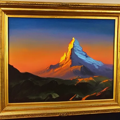 Prompt: a beautiful oil painting of the matterhorn at sunset, stunning sunset, soft light, by john martin