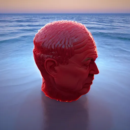 Prompt: a giant human head looking like benjamin netanyahu sculpture in the sea made out of juicy and transparent red jelly, long shot, hyper detailed, hyper realistic, ray tracing, 8 k resolution, sharp focus, realistic water, award winning