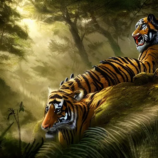 Image similar to a dragon and a tiger hybrid in the forest, dynamic lighting, photorealistic concept art, stunning visuals, creative, cinematic, ultra detailed, best detail