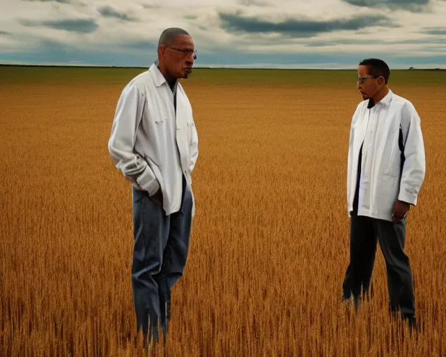 Image similar to extreme long shot of walter white and gustavo fring stand facing each other from a distance in a wheat field, low angle, side view, 3 5 mm photograph, 8 k resolution, wide shot, sharp lens