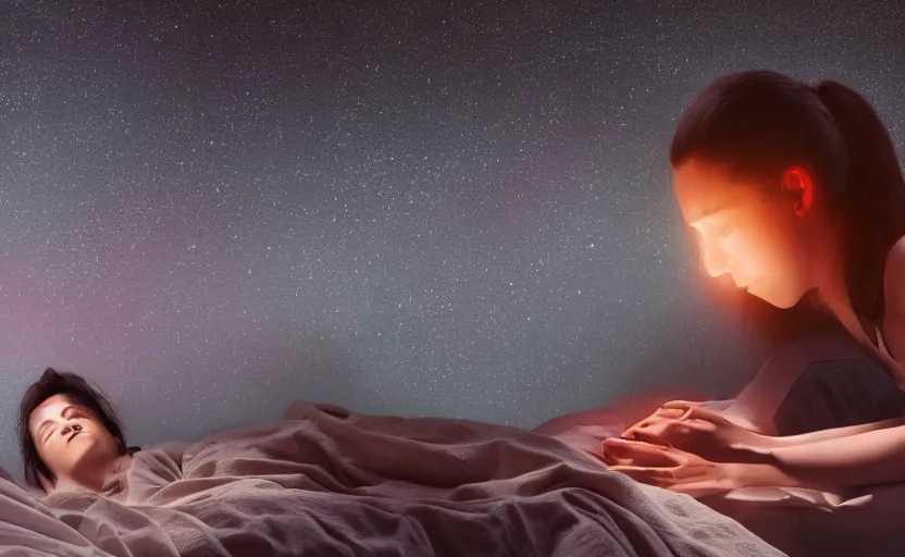 Image similar to human being stopped from sleeping by an intelligent android. painting, atospheric lighting, night, 8 k, sharp focus, global illumination, paid artwork, portfolio