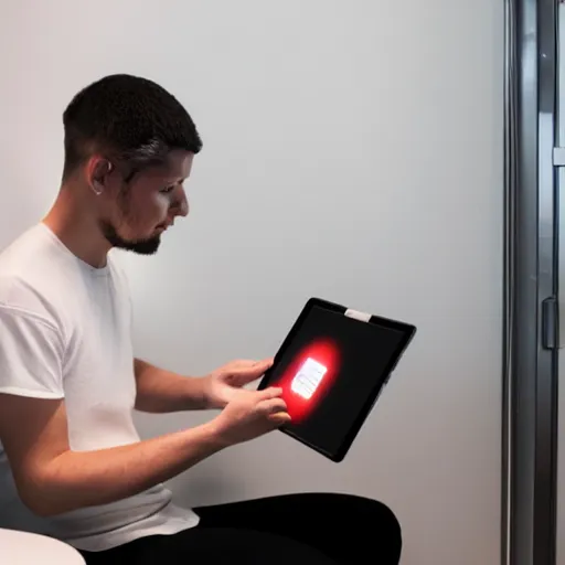 Image similar to a man playing on his iPad on the gaming toilet with rgb lights