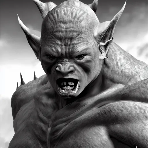 Image similar to orc albino in the style of kentaro miura, 4 k, 8 k, absolute detail of even the smallest details and particles, beautiful shadows, beautiful art, black and white drawing