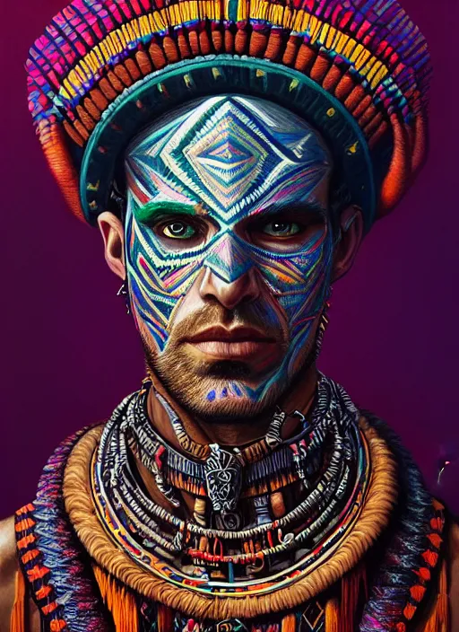 Image similar to portrait of tom ellis, hyper detailed ultra sharp aztec shaman warrior. trending on artstation, warpaint aesthetic, bloodwave, colorful, psychedelic, ornate, intricate, digital painting, concept art, smooth, sharp focus, illustration, art by artgerm and greg rutkowski and h. r. giger, 8 k