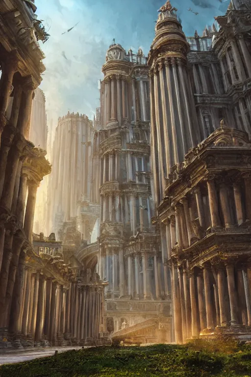 Image similar to gigantic palace, adorned pillars, towers, landscape, alex ross, neal Adams, david finch, concept art, matte painting, highly detailed, rule of thirds, dynamic lighting, cinematic, detailed, denoised, centerd