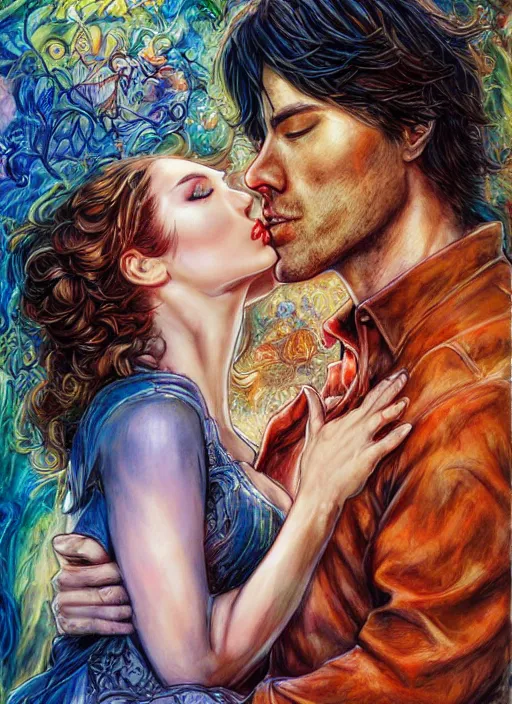 Prompt: John Oliver kissing Sam Winchester, romance book cover style, fantasy style, by Josephine Wall, by Artgerm and Peter Andrew Jones, Ayami Kojima, Amano, and Olivier Ledroit