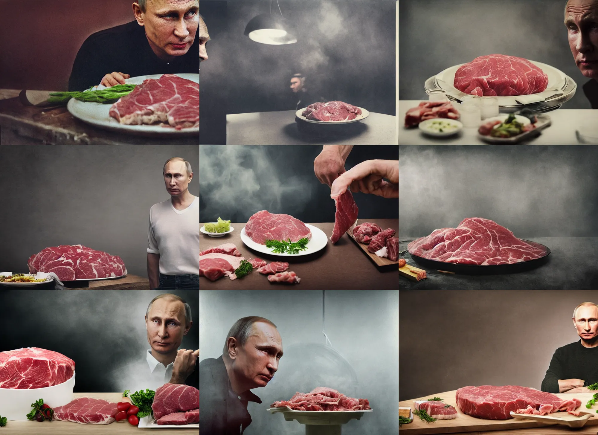 Prompt: close up medium shot of vladimir putin and giant dish full of raw meat in butchery, cinematic focus, polaroid photo, vintage, neutral dull colors, soft lights, foggy mist, by oleg oprisco, by thomas peschak, by discovery channel, by victor enrich, by gregory crewdson