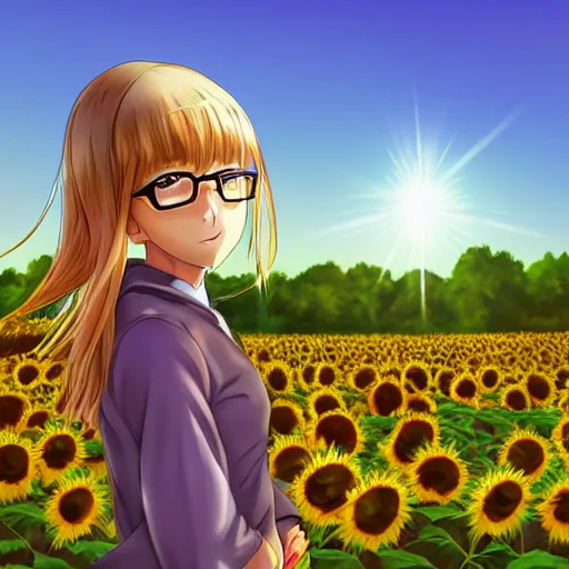 Prompt: girl with glasses in the sunflower field,light is from right.anime style,very detailed cute face and clothes,trending on pixiv.net,trending on artstation