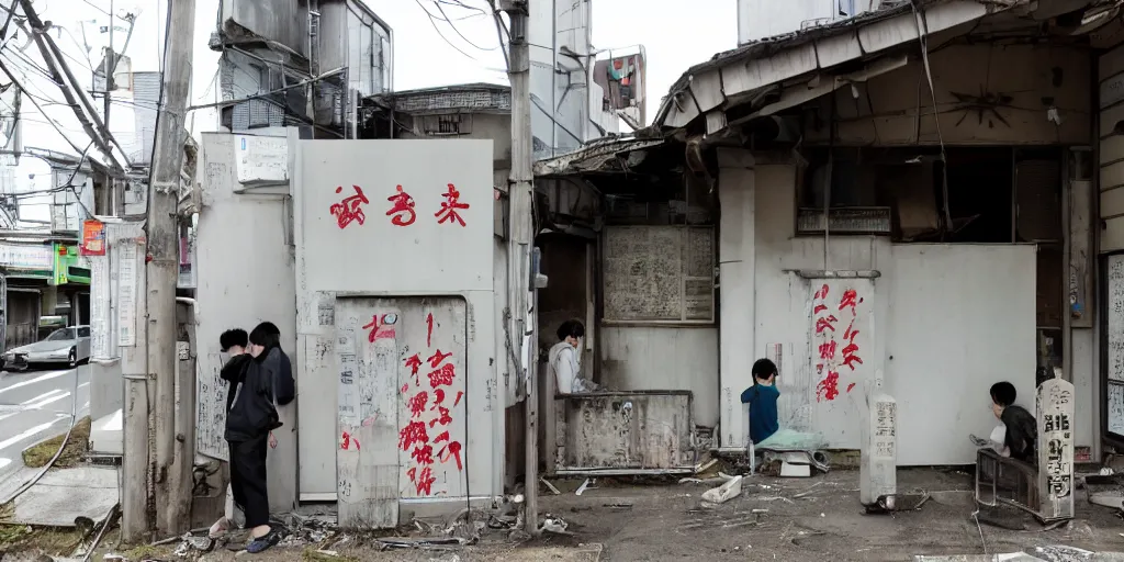 Prompt: an exterior of an abandoned internet cafe in japan, with the japanese sign and art of people playing computers