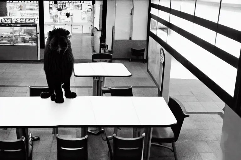 Prompt: overhead view, surveillance, black and white, grainy image, a lion in an empty fast food restaurant lobby