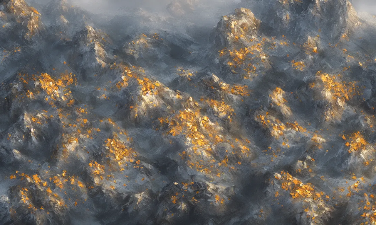 Prompt: breathtaking detailed digital painting of an aerial view of luxurious nature, mountains rocks at dawn with intricate ribbons and golden petals flying, with moody dark tumultuous clouds, by dao trong le, artstation, concept art, matte, 8 k,