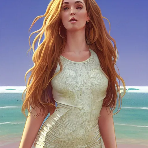 Image similar to full body portrait of addison rae wearing a skintight dress in a beach, intricate, elegant, highly detailed, digital painting, artstation, smooth, sharp focus, illustration, art by artgerm and greg rutkowski and alphonse mucha, 8 k