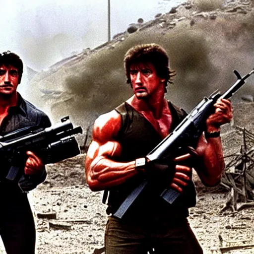 Prompt: stallone rambo and schwarzenegger commando loaded with weapons, derelict tech in the background