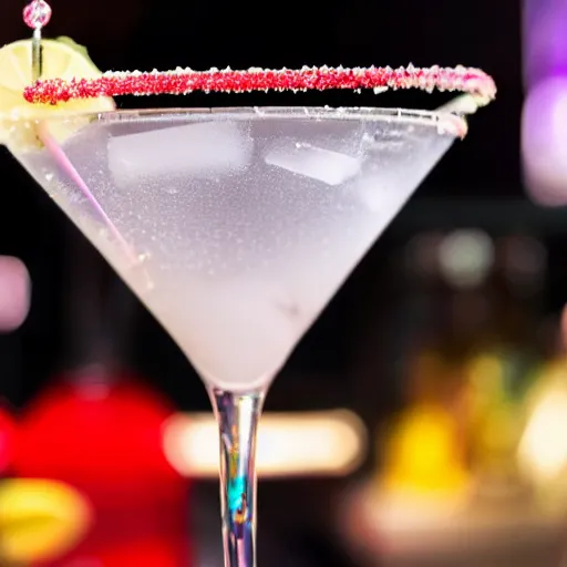 Prompt: an extreme closeup of an ice cold cosmopolitan martini with a sugar rim, in an exquisitely detailed crystal martini glass, intricate night club surroundings, 8K, cgsociety