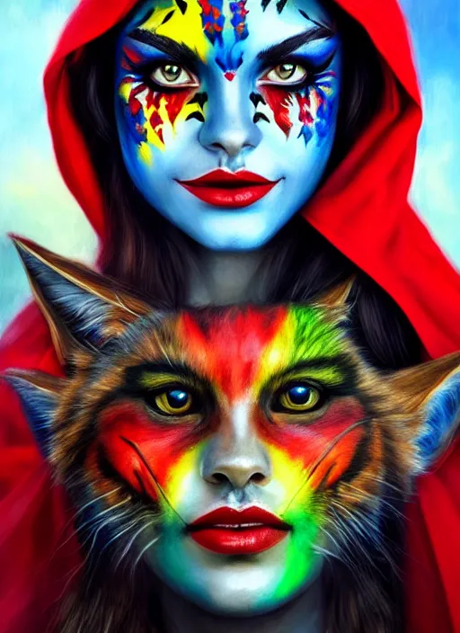 Prompt: photo of a gorgeous Beautiful face Portrait of Little Red Riding Hood with a rainbow panther, face painting, woman in the style of stefan kostic, wild, realistic, sharp focus, 8k high definition, insanely detailed, intricate, elegant, art by stanley lau and artgerm