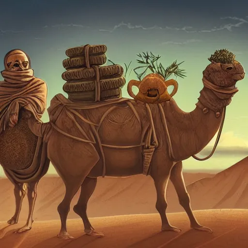 Image similar to several stoner merchants in robes with integrated bong gas mask appliances, carrying bales of herbs across an alien desert with camel-like creatures in tow. Album art by Arik Roper