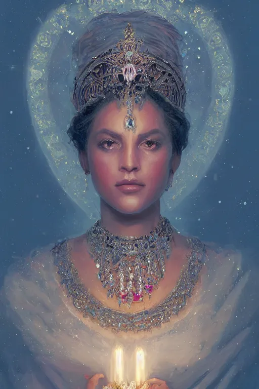 Prompt: portrait of majestic royal queen in her thrown with jewels, staring directly into camera, intricate, elegant, glowing lights, highly detailed, digital painting, artstation, sharp focus, illustration, art by wlop, mars ravelo and greg rutkowski