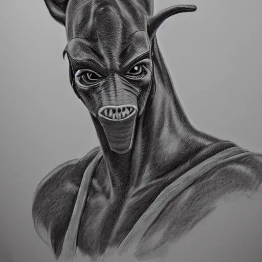 Image similar to full body black and white pencil sketch of a muscular Jar Jar Binks