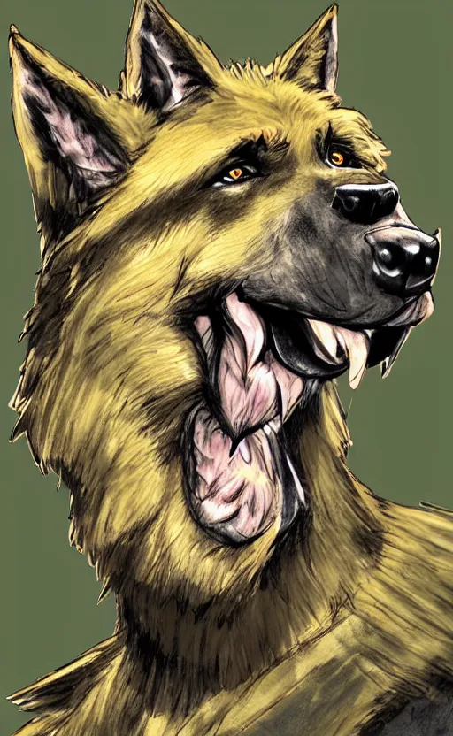 Prompt: close up character portrait icon of the german shepard beast - man military uniform head animal person wearing clothes standing in the bright forest, hidari, color page, tankoban, 4 k, tone mapping, akihiko yoshida