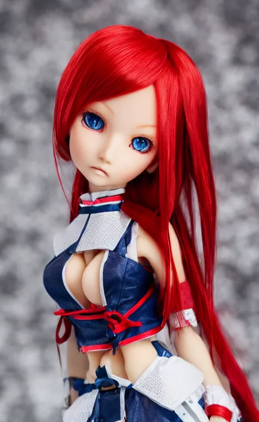 Image similar to dollfie in samurai suit, red hair, blue eyes,