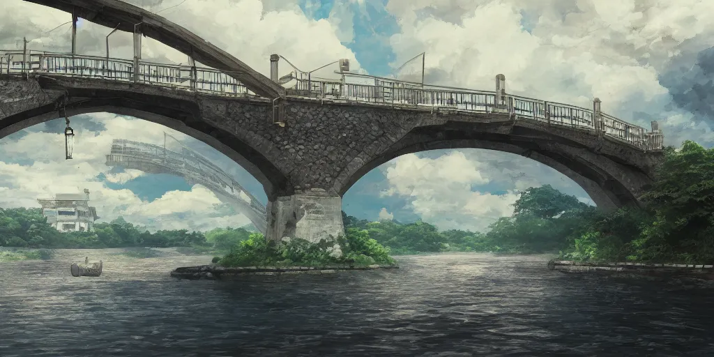 Image similar to a bridge, cinematic angle, studio Ghibli, cinematic lighting, digital art, detailed oil painting, hyperrealistic, 8k