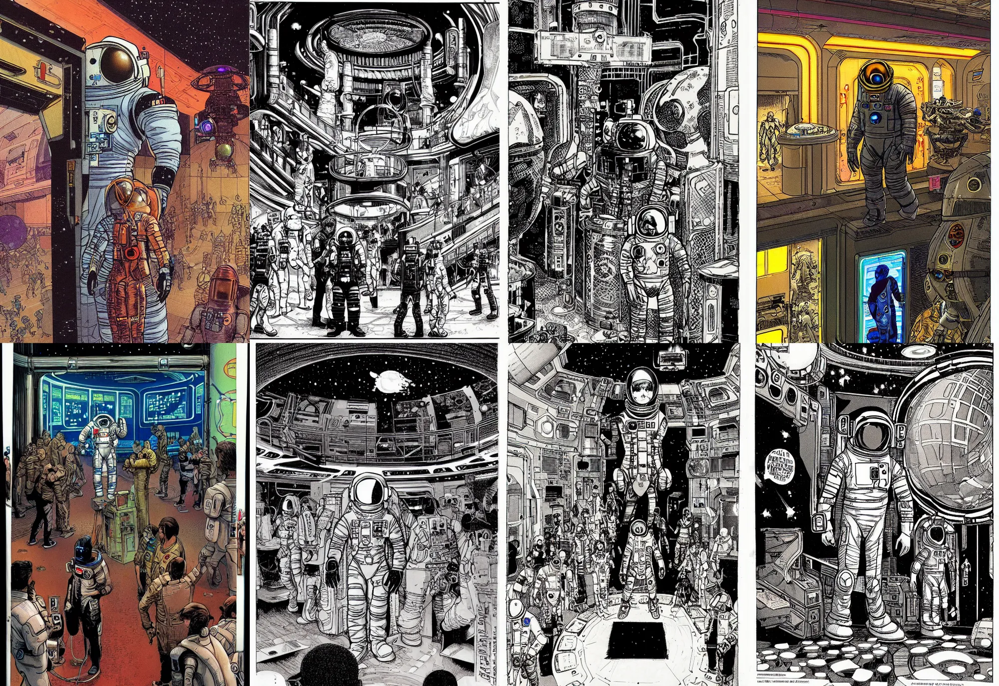 Prompt: an astronaut standing in the entrance to a bustling cyberpunk casino on mars, filled with people, robots, cyborgs, aliens, by michael mw kaluta