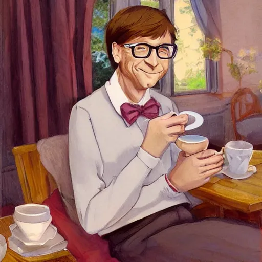 Image similar to drawing of Bill Gates crossdressing in linen dress while drinking tea, in the style of studio ghibli and Konstantin Razumov, fine details, high quality