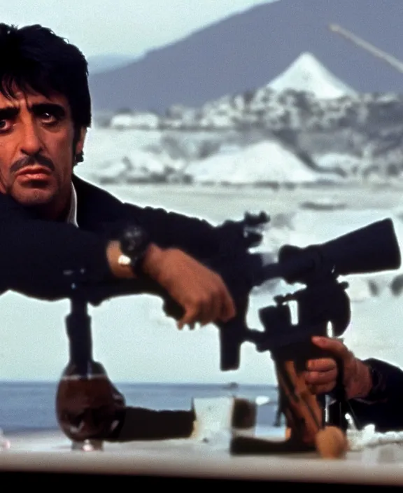 Prompt: extreme long shot. tony montana from movie scarface 1 9 8 3. staying with m 1 6 riffle. table with mountains of cocaine in background. al pacino. perfect symmetric face, coherent eyes, fine details, 4 k, ron cobb. cinestill