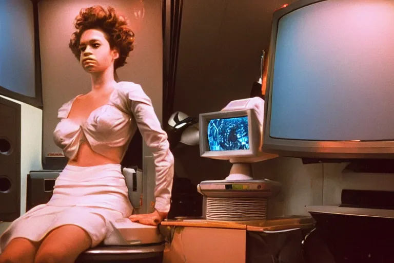 Prompt: beautiful woman robot sitting on a galaxy toilet, from 1985, bathed in the glow of a crt television, tv screens in background, low-light photograph, in style of Tyler Mitchell