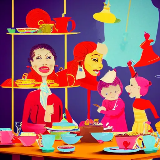 Prompt: family having fun at an afternoon tea party, bright vibrant colors, concept art, whimsical