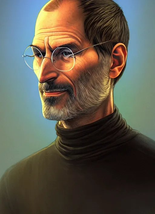 Prompt: Portrait of Steve Jobs, red glowing eyes, blue shaggy hair, male, fantasy,, extremely detailed, digital painting, artstation, concept art, smooth, sharp focus, illustration, stunning lighting, art by artgerm and greg rutkowski and alphonse mucha and simon stalenhag, realistic character concept, high fantasy, light atmosphere, golden ratio, cinematic lighting, hyperdetailed, high resolution, insanely detailed and intricate, face enhance, Marc Simonetti, Greg Rutkowski, 8k