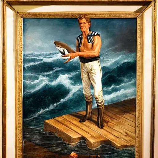 Image similar to Old sailor Willem Dafoe in captain's clothes holds a shark at arm's length, stands on the deck against the background of a raging sea, the background is blurred, focus in the foreground, realism, details,