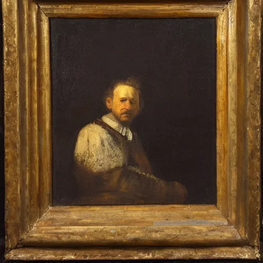 Prompt: an oil painting portrait of a man sitting on a wooden chair next to a table in the style of Rembrandt –n 4 –s 150
