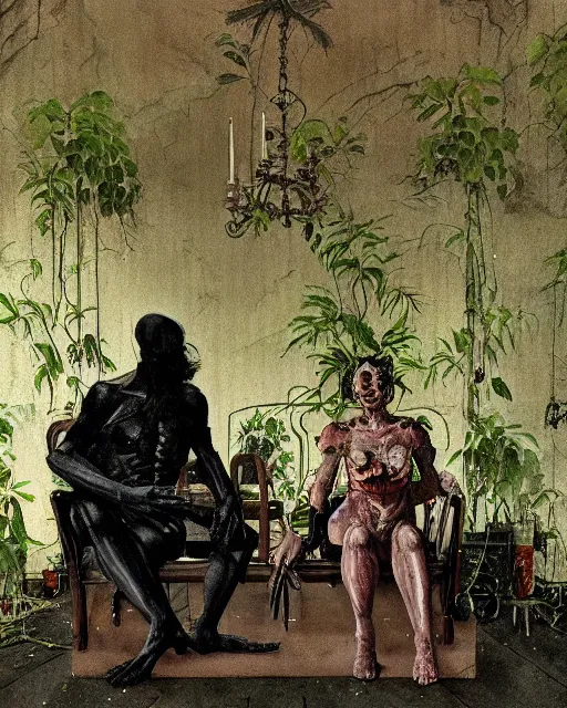 Prompt: dark fleshy figure seated next to another dark angry figure laughing alone inside an empty dark ballroom overgrown with plants in the style of Norman Rockwell and Greg Rutkowski and Francis Bacon