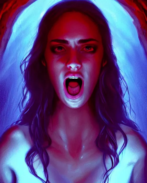 Image similar to beautiful Stella Maeve screaming in a red cave, blue lighting deep in the cave, symmetrical face symmetrical eyes, red hair, portrait, Charlie Bowater character art, no long neck, cinematic lighting