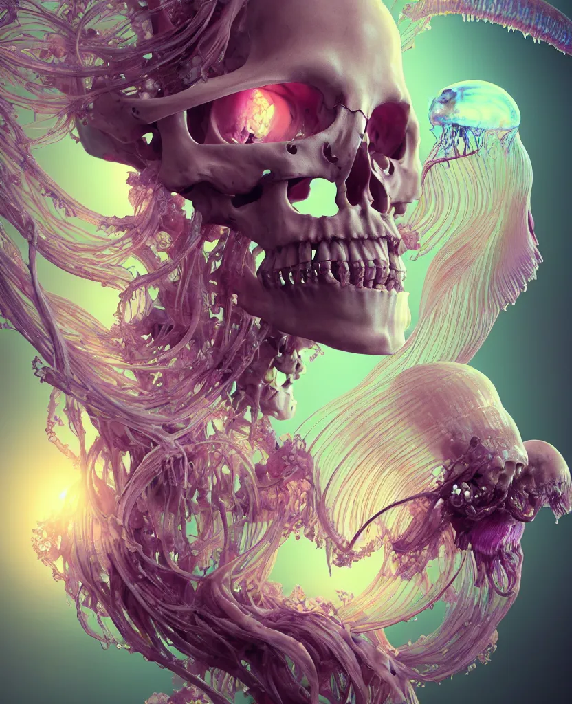 Image similar to goddess close-up portrait human skeleton, ram skull, jellyfish, orchid, betta fish, bioluminiscent, intricate artwork by Tooth Wu and wlop and beeple. octane render, trending on artstation, greg rutkowski very coherent symmetrical artwork. cinematic, hyper realism, high detail, octane render, 8k