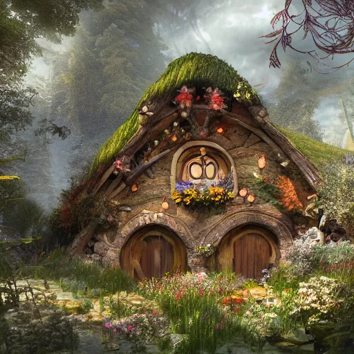 Image similar to a medieval hobbit house made of jelly, ornate, beautiful, atmosphere, vibe, flowers, concept art illustration, color page, 4 k, tone mapping, doll, akihiko yoshida, james jean, andrei riabovitchev, marc simonetti, yoshitaka amano, digital illustration, greg rutowski, volumetric lighting, sunbeams, particles