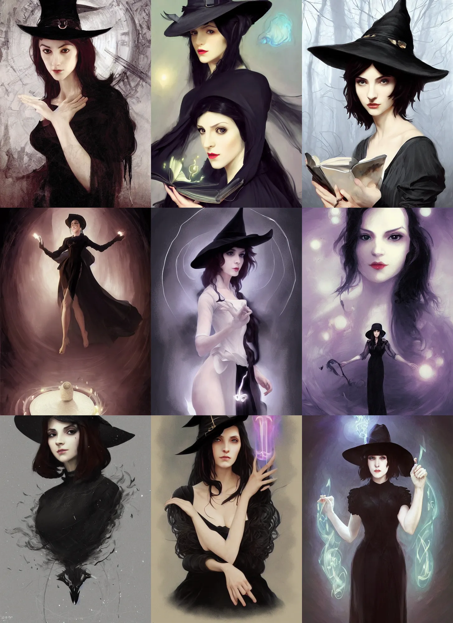 Prompt: character concept portrait of an attractive young focused Spanish witch with pale skin in a black dress and hat enchanting a glowing seduction spell, a floating glowing spell book in the center, intricate, elegant, digital painting, concept art, smooth, sharp focus, illustration, from Metal Gear, by Ruan Jia and Mandy Jurgens and William-Adolphe Bouguereau, Artgerm