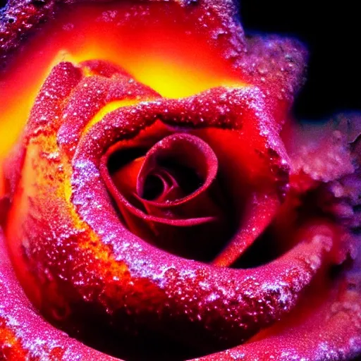 Prompt: award - winning macro of a beautiful!!!!! black rose made of molten magma and nebulae on black background by harold davis, georgia o'keeffe and harold feinstein, highly detailed, hyper - realistic!!!!!, inner glow, trending on deviantart, artstation and flickr, nasa space photography, national geographic