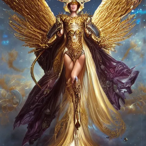 Image similar to a beautiful angel with a golden helmet wearing a silver armor with golden ornaments and diamonds jewelry, wings by alex gray and android jones, karol bak, ayami kojima, amano, concept art, character design, fantasy, 3 d, 8 k resolution