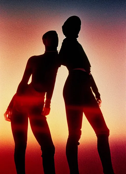 Prompt: cinestill 5 0 d photographic portrait of two loving female androids wearing rugged black mesh cutout waist techwear on a desolate plain with a red sky, extreme closeup, modern cyberpunk, dust storm, 8 k, hd, high resolution, 3 5 mm, f / 3 2, ultra realistic faces, ex machina, blade runner