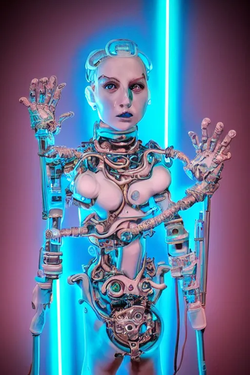 Prompt: full-body porcelain baroque space futuristic style sculpture of a young beautiful goddess as a half-robot wearing cholo shades, blue glowing lips, mechanical fingers, oozing neon radioactive liquid, electric sparks, glowing hot magenta laser beam eyes, blue diamonds, golden steampunk necklace with a glowing white crystal orb, flowing pink satin, industrial fabrics, mechanical plants. baroque and steampunk elements. full-length view. baroque element. intricate artwork by caravaggio. Trending on artstation, octane render, cinematic lighting from the right, hyper realism, octane render, 8k, depth of field, 3D