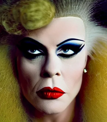 Prompt: a high quality, high detail, portrait of a drag queen by annie leibovitz, intense look in the eyes, moody, nostalgic