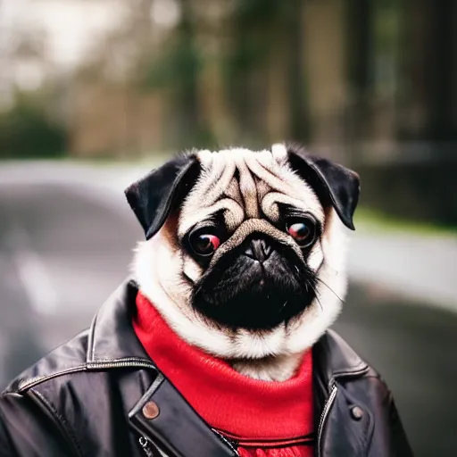 Image similar to photograph of a pug wearing a leather jacket smoking a cigarette