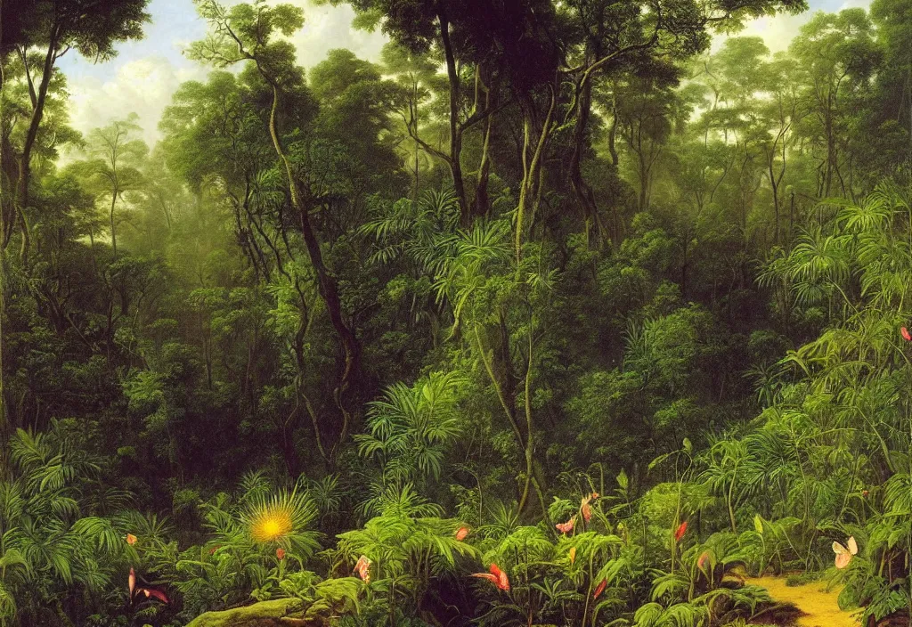Prompt: a detailed botanical landscape painting of a flowering plant in the forest jungle, painting by martin johnson heade, many wild flowers, strange birds, high humidity rainforest weather